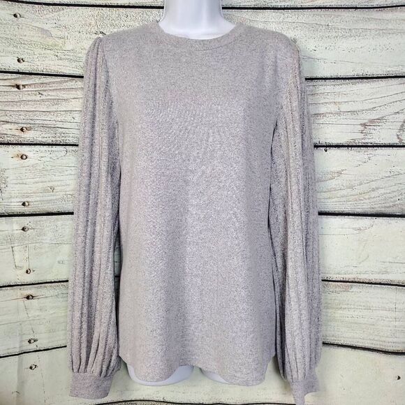 Gray Ribbed Balloon Sleeve Lightweight Sweater Top Size Large - Picture 1 of 5